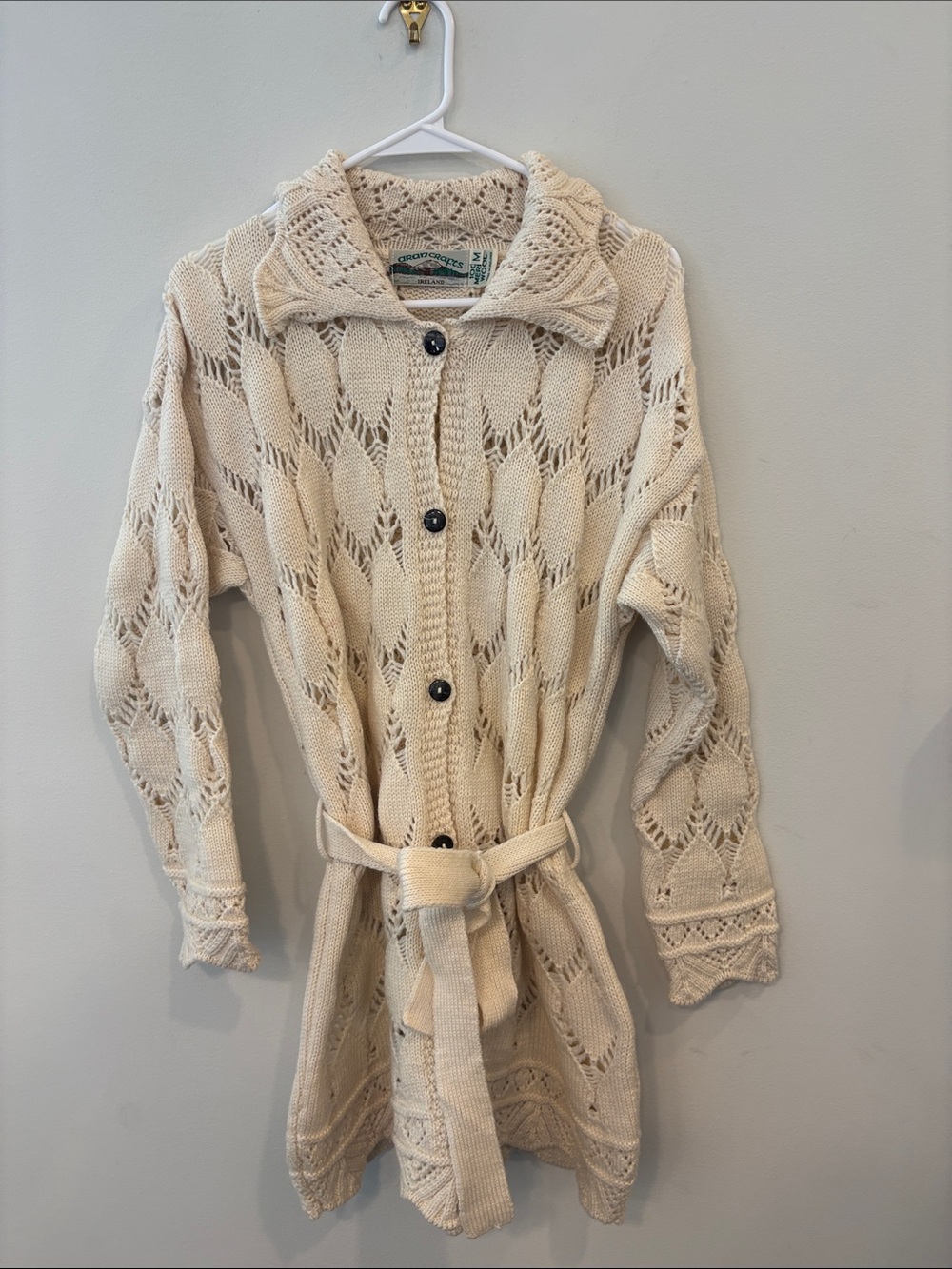 Aran crafts Irish merino wool belted cream chunky long sweater medium
